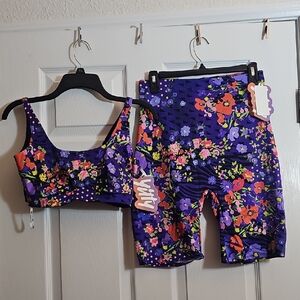 Yitty Fabletics Purple Floral Active Set - Sports Bra & Biker Shorts